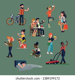 Diverse people doing selfies and making photos with smartphones in different situations and poses. Trendy flat vector illustration on different characters using their phone in everyday life