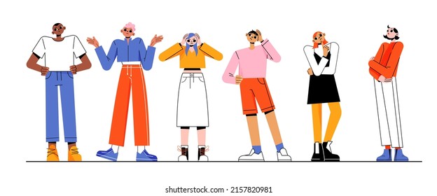 Diverse people doubt, think about question or problem. Vector flat illustration of confused, thoughtful women and men with hand on head or chin, unsure girl shrug