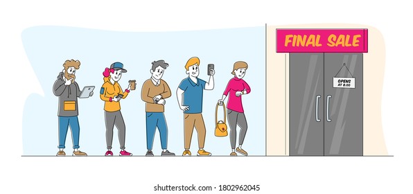 Diverse People Dressed in Trendy Clothes Standing in Queue Waiting Shop Door Opening. Customer Characters Shopping in Store, Sale, Discount and Special Offer Concept. Linear People Vector Illustration