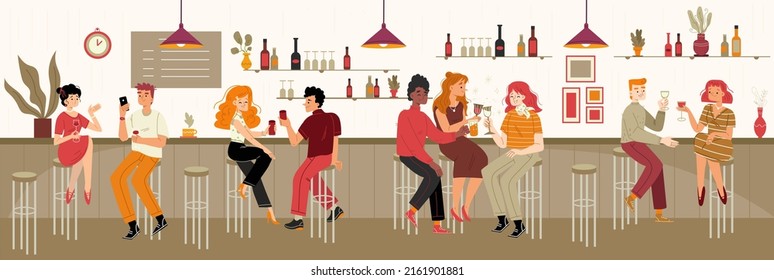 En el bar hay varias personas que beben alcohol. Vector ilustración plana del interior del restaurante o cafetería con barra de bar, hombres y mujeres sentados en taburetes con vino, cerveza y champán