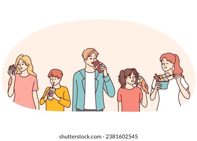 Diversas personas comen diferentes alimentos. Alegres adultos y niños disfrutan de deliciosos productos. Nutrición y dieta. Ilustración vectorial.