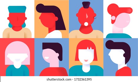 Diversos personajes de emoción retratan un conjunto de iconos creativos. Carácter caucásico, afroamericano de hombre mujer tiene diferentes peinado serio, sorprendido, sonriente emoción facial. avatar de red social