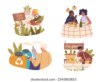 Diverse People Engaging In Eco Friendly Activities Such As Eating Sustainable Meals And Recycling Emphasizing Importance Of Green Living And Environmental Responsibility. Cartoon Vector Illustration