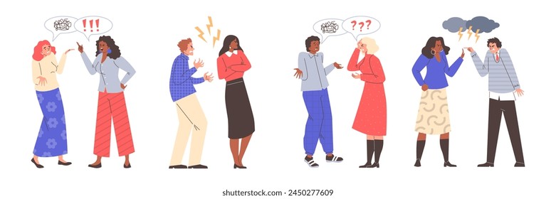 Diverse people engaging in heated discussions. Vector illustration set featuring cartoon characters with speech bubbles filled with exclamation marks, question marks, and lightning bolts.