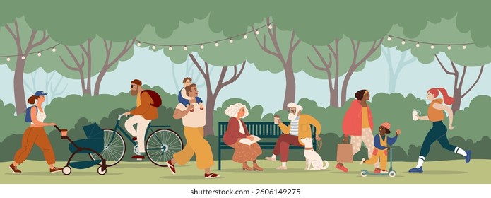Diverse People Enjoying a Lush Green Park – Relaxing Outdoor Lifestyle Vector Illustration
