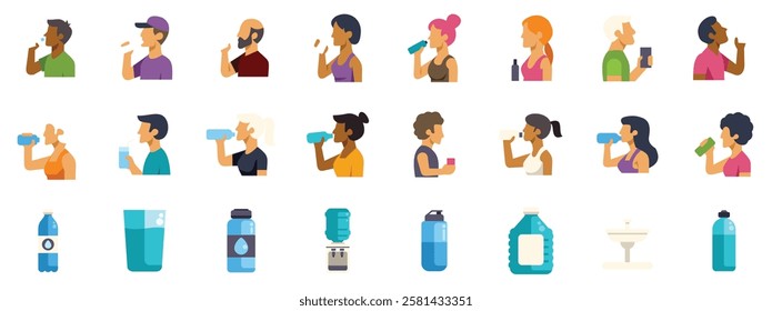 Diverse people enjoying refreshing water, promoting hydration and healthy lifestyle with various water containers