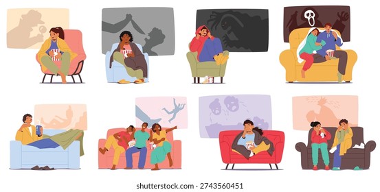 Diverse people experiencing different emotions while watching movies scenes set. Characters crying at dramas, laughing at comedies, feeling scared during horror films at home vector illustration
