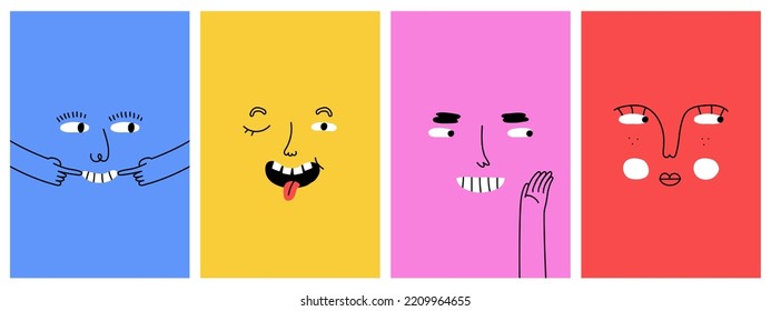 Diverse People Face Doing Funny Hand Gesture And Emotion. Colorful Avatar Design Set, Modern Flat Cartoon Character Collection In Simple Doodle Art Style For Psychology Concept Or Social Reaction.