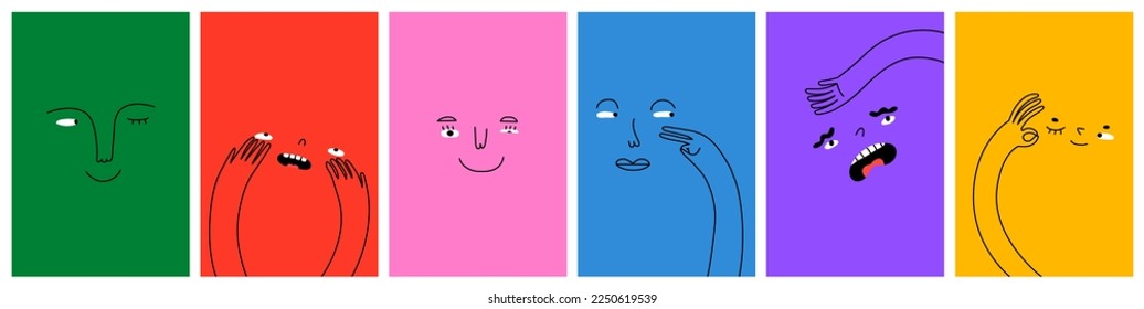 Diverse people face doing funny hand gesture and emotion. Colorful avatar design set, modern flat cartoon character collection in simple doodle art style for psychology concept or social reaction. - Shutterstock ID 2250619539