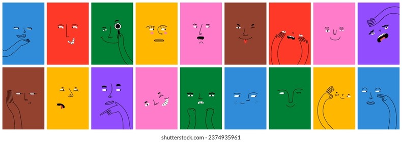 Diverse people face doing funny hand gesture and emotion. Colorful avatar design set, modern flat cartoon character collection in simple doodle art style for psychology concept or social reaction.