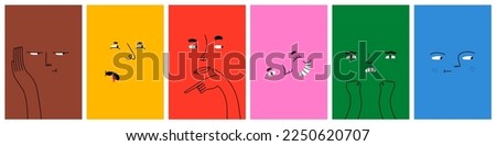 Diverse people face doing funny hand gesture and emotion. Colorful avatar design set, modern flat cartoon character collection in simple doodle art style for psychology concept or social reaction. Foto stock © 