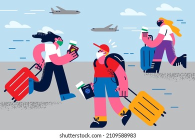 Diversas personas en facemask con documentos y maletas viajan durante las pandemias del virus de la corona. Viajeros o turistas en el aeropuerto bajo bloqueo covid-19. Viajar en cuarentena. Ilustración vectorial. 