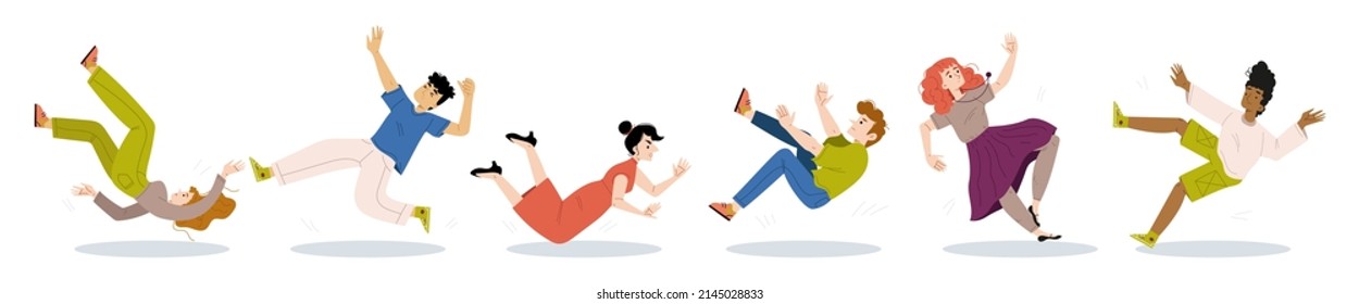 Diverse people fall, fly down. Vector flat illustration of characters tumble after slip or stumble with injury risk. Men and women drop isolated on white background