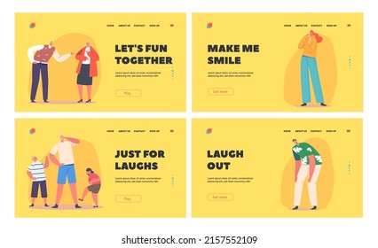 Diverse People and Family Characters Laughing at Something Funny Landing Page Template Set. Young and Senior Men, Women and Kids Crying of Laughter. Cartoon People Vector Illustration