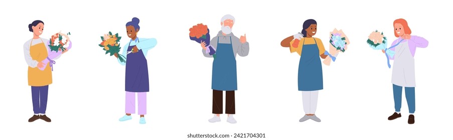 Diverse people florists cartoon characters wearing apron holding flower bouquets isolated set