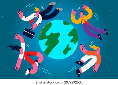 Diverse people flying around earth show multicultural international work environment. Multiethnic businesspeople demonstrate unity and teamwork. Global business concept. Vector illustration. 