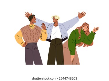 Diverse people gesturing to say hello, waving hands. Multiethnic young and adult friends welcoming, greeting together. International friendship. Flat isolated vector illustration on white background