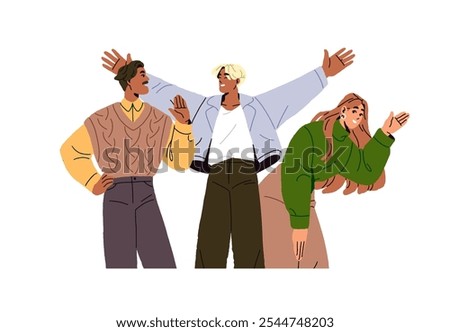 Diverse people gesturing to say hello, waving hands. Multiethnic young and adult friends welcoming, greeting together. International friendship. Flat isolated vector illustration on white background