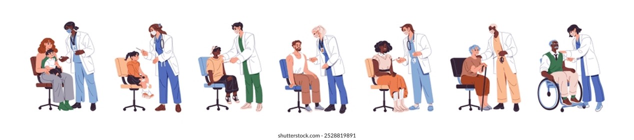 Diverse people get vaccine set. Doctors care about men, women, kids. Medics with syringe make injection for protection of health. Healthcare. Flat isolated vector illustrations on white background