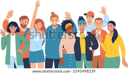 Similar – Image, Stock Photo Diverse group of cheerful adult friends looking at camera and smiling during house party shot with flash