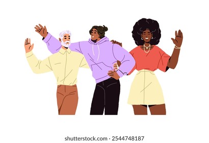 Personas diversas saludando, saludando con la mano. Grupo multiétnico de personajes viejos y jóvenes dice hola, gesticulando. Hombres y mujeres felices que dan la bienvenida. Ilustración vectorial aislada plana sobre fondo blanco