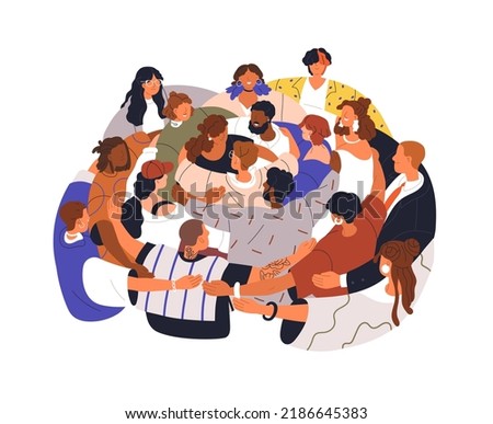 Diverse people group in circle, hugging together. Big international community, crowd. Unity, solidarity, social support, peace concept. Flat graphic vector illustration isolated on white background