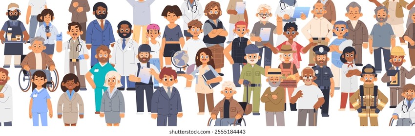 Diverse people group of different professions and ages standing together. Big community flat vector banner