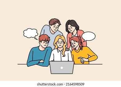 Diverse people group look at laptop screen brainstorm cooperate on project together. Smiling team collaborate work on computer, discussing ideas. Teamwork. Vector illustration. 