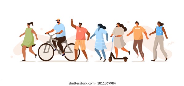 Diverse People Group Running and Jogging. Female and Male Characters Walking, Riding on Bike, Scooter and Standing Together. Young Generation Social Activists. Flat Cartoon Vector Illustration.