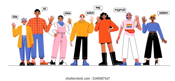 Diverse People Group Say Hello On Different Foreign Languages And Waving Hands. Multinational Happy Young Male And Female Characters Greetings, Friendly Gestures, Line Art Flat Vector Illustration