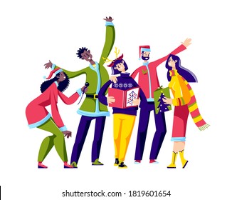 Diverse people group singing carols for Christmas celebration. Young people wearing festive costumes and Santa hats caroling together for xmas eve. Cartoon vector illustration