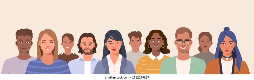 Diverse People Group Standing Together. Different Ages Man and Woman Characters in Fashionable Clothes. Social Diversity Concept. Flat Cartoon Vector Illustration. 
