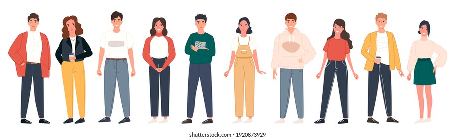 Diverse People Group Standing Together On Isolated White Background. Happy Young Men And Women Character Set. Vector Illustration Different Citizen
