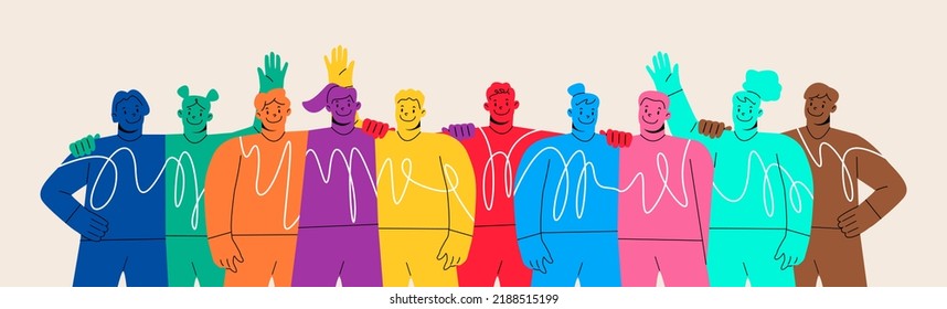 Diversas personas se agrupan juntas. Feliz hombre y mujer. Trabajo en equipo, unión, concepto de amistad. Ilustración vectorial colorida
 
