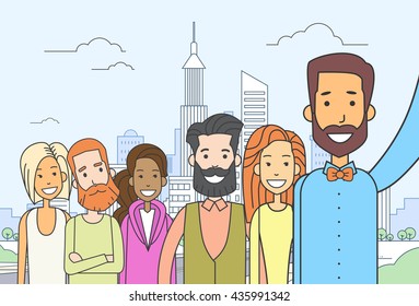 Diverse People Group Taking Selfie Photo City View Thin Line Vector Illustration