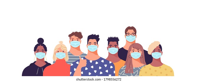 Diverse people group of young women and men wearing medical face mask for disease prevention, pollution protection on isolated background. Flat cartoon characters doing thumbs up, say yes to masks.