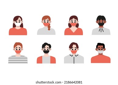 Diverse people group of young women and men wearing medical face mask for disease prevention, pollution protection on isolated background. Flat drawn style vector design illustration