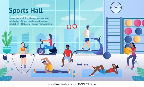 Diverse People at the gym do different exercises Jump on a skipping rope run on treadmills do fitness and use the exercise bike Sporty and beautiful. Healthy Lifestyle Flat Cartoon Vector Illustration