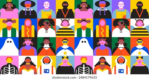 Diversas personas en ilustración de patrón sin fisuras de disfraces de Halloween. Fondo plano del retrato del dibujo animado de la celebración del partido de octubre colorido. Estilo geométrico divertido monstruo grupo personaje textura impresión.