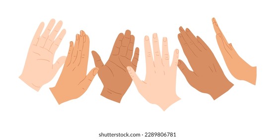 Diverse people hand doing high five gesture together. Modern hands cartoon illustration of business partner team, friend group or success celebration concept.