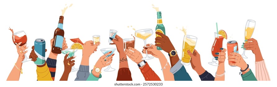 Diverse people hands holding alcohol drinks flat color vector illustration. Party guests cheering with beverages cartoon composition on white