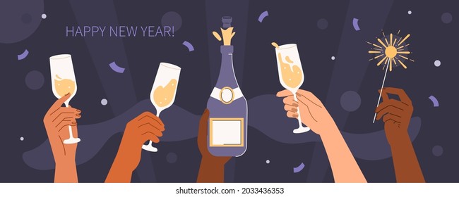 Diverse people hands holding bottle with champagne, wine glasses and Bengal lights. Characters celebrating winter holidays. Christmas or New Year night party. Flat cartoon vector illustration.