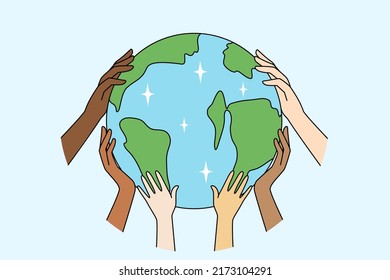 Diverse People Hands Holding Earth Show Care About Environment And Nature. Multiracial Activists Protect Planet. Environmental Change And Safety. Vector Illustration. 