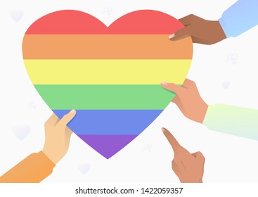 Diverse people hands holding LGBT heart. Diversity, discrimination, freedom concept. Vector illustration can be used for topics like tolerance, homophobia, social rights