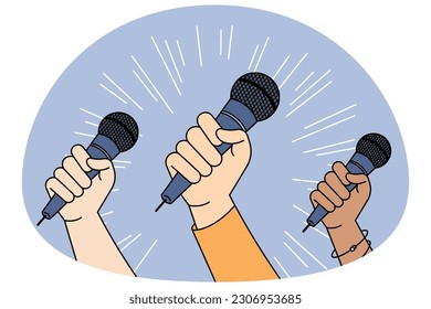 Diverse people hands holding microphones vote for freedom of speech. Multiracial activists or volunteers on demonstration or protest for culture rights in society. Vector illustration.