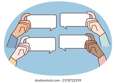Diverse people hands holding mockup message bubbles with comments online. Users comment on internet. Talk balloons with empty copy space. Feedback and notification.