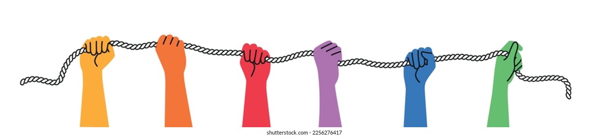 Diverse people hands holding rope. Teamwork, hands up. Solidarity concept. Hand drawn vector illustration.