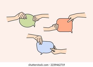 Diverse people hands holding speech bubbles for online communication or message. Men and women with talk balloons communicating. Vector illustration. 