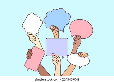 Diverse people hands holding speech bubbles expressing feedback or opinion. Men and women demonstrate talk balloons show choice. Vector illustration. 