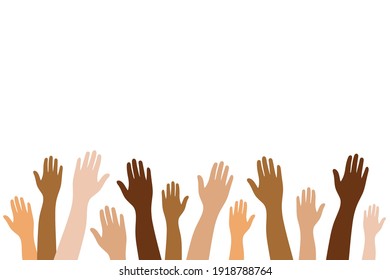 Diverse people hands on isolated background.Group of people with raised arm for celebration or friend community concept.Vector illustration of men and women arms.